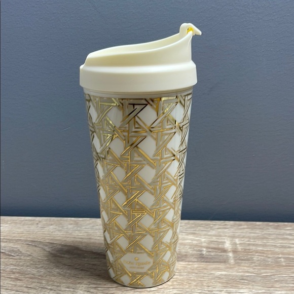 Kate Spade Thermal Travel Mug Gold Cream Basket Weave Pattern 16oz PBA Free - Picture 8 of 8